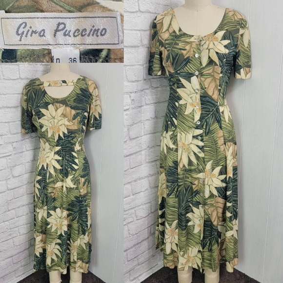 90s Hawaiian safari Shift princess cut Dress maxi Large Leaf Print Size M/L - Picture 1 of 5